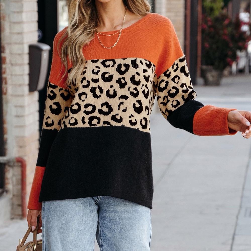 Cupshe Orange and Black Leopard Print Sweater - Picture 1 of 7